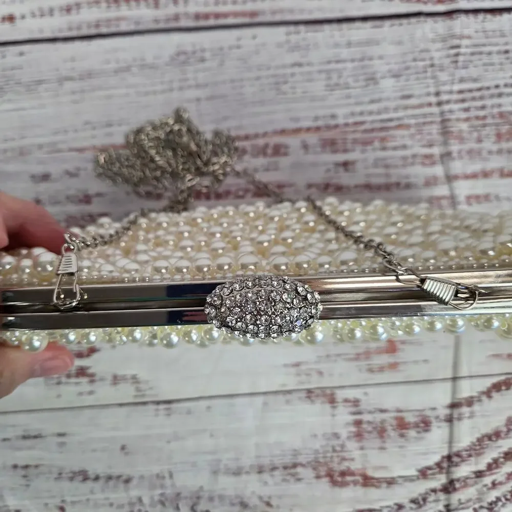 Faux Pearl Jeweled Clutch Purse Chain Strap Sophisticated Parisian Timeless Bag